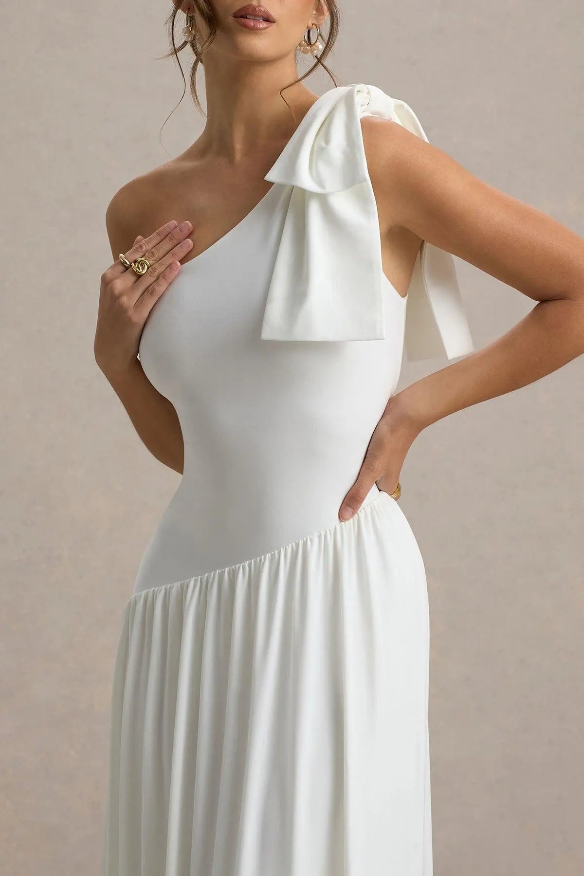 Weitese Simple White Satin One Shoulder Bow Sleeveless Evening Dress with Pleated Prom Dress